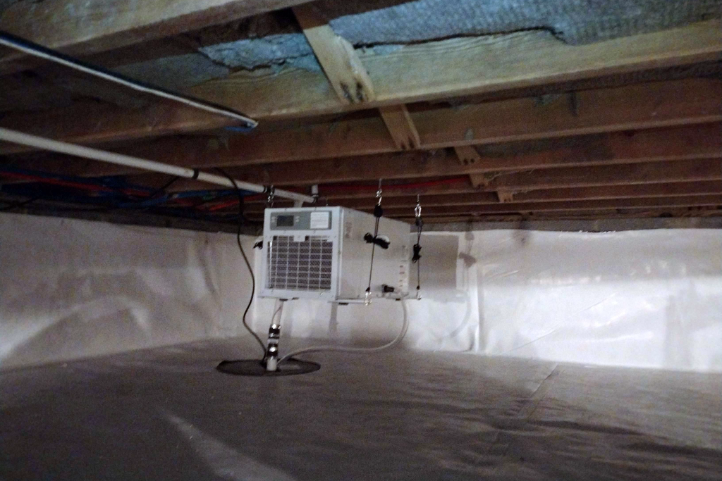 crawlspace with combination dehumidifier and sump pump drainage system